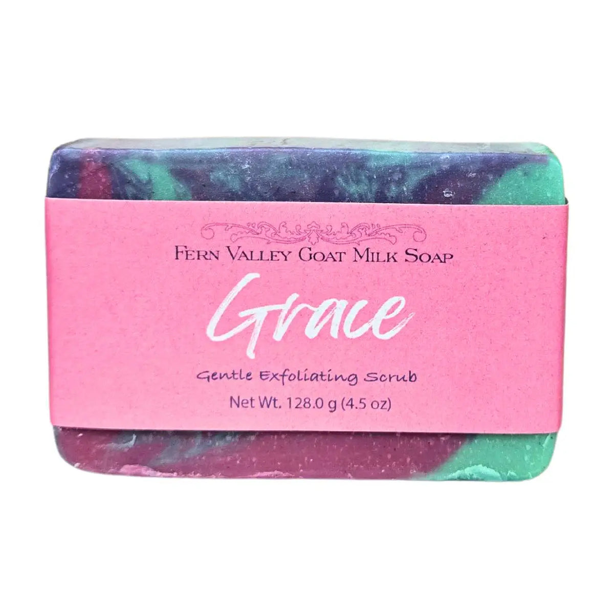 Grace goat milk soap gentle exfoliating scrub bar with pink label on white background