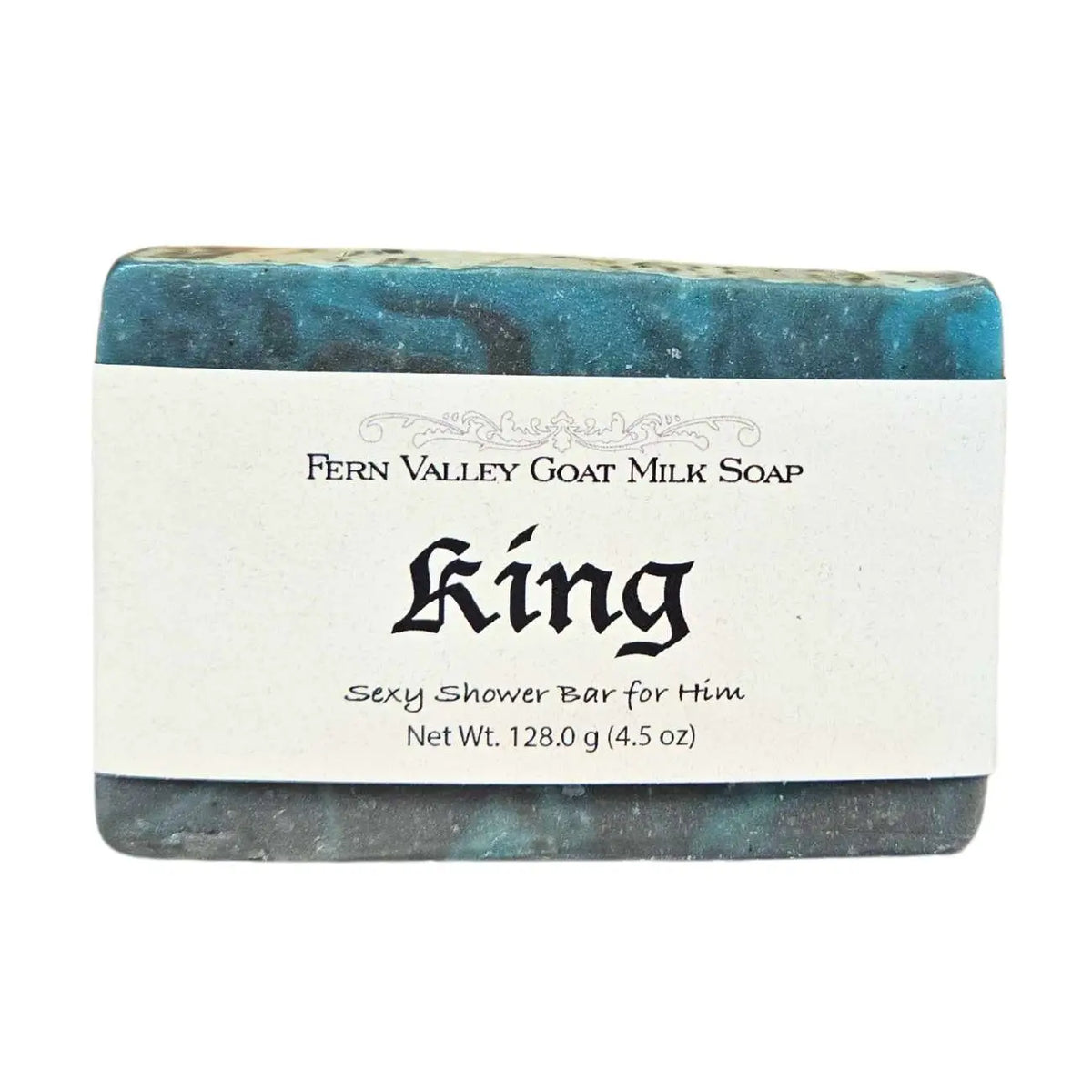 King goat milk soap bar for men with label on white background