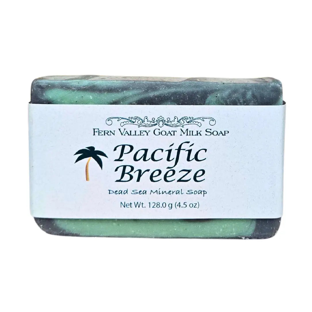 Pacific Breeze goat milk soap bar with label on white background