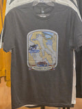Captain Whidbey custom T-shirt featuring Whidbey Island map, orca, crab and deception pass bridge.